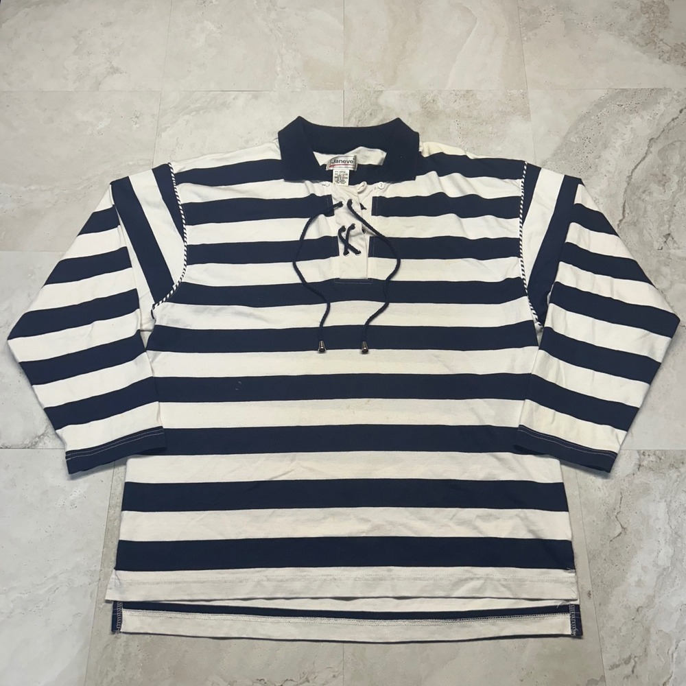 Janeve Rugby Shirt Navy Blue White Striped Unisex XL Lace Up Long Sleeve Vintage